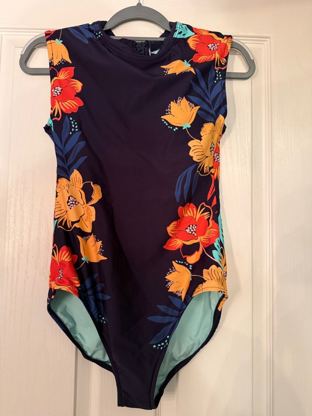 Source Unknown Navy One-Piece Swimsuit with Orange & Red Floral Print